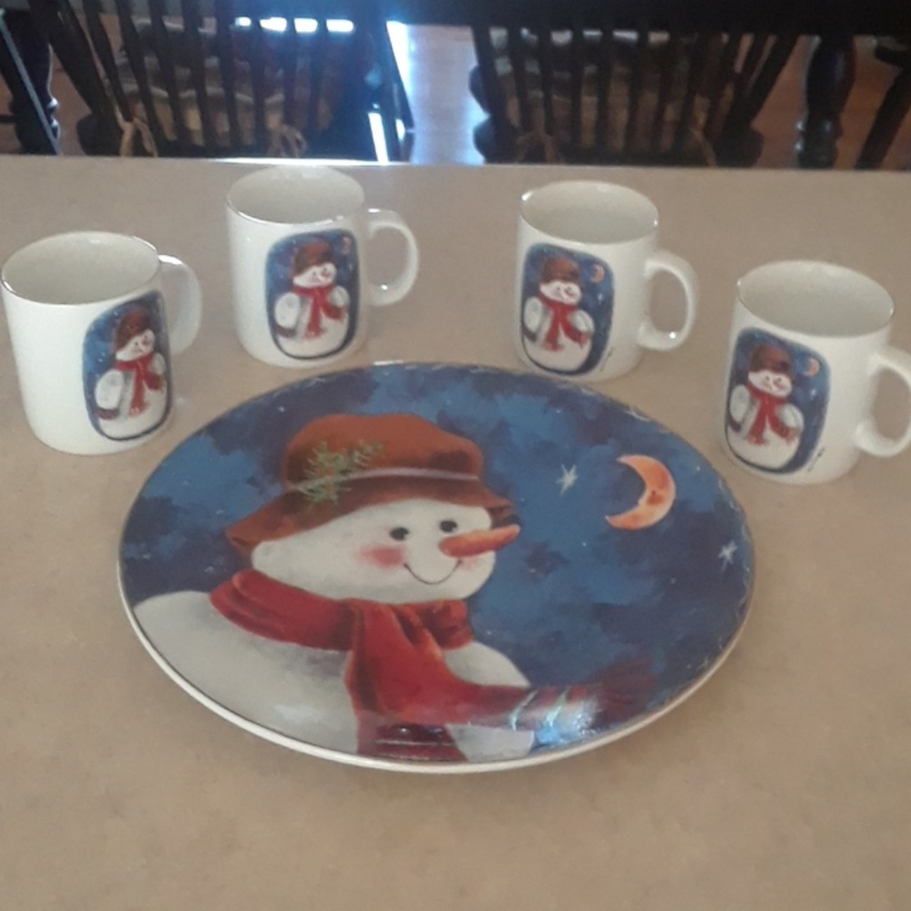 Snowman Cookie Platter/W 4 Hot Coco Mugs